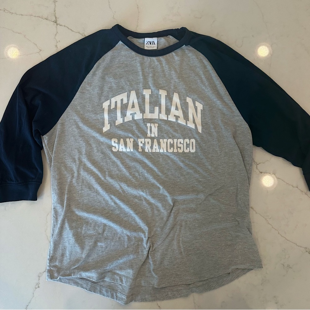 Oversized baseball tee, gray top navy blue sleeves with white lettering